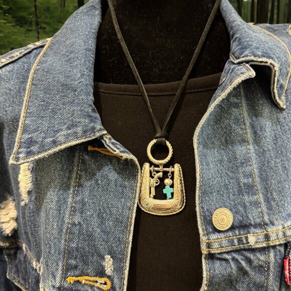 Upcycled Vintage Belt Buckle Pendant W/ Turquoise Western Style Leather Necklace - Picture 2 of 8